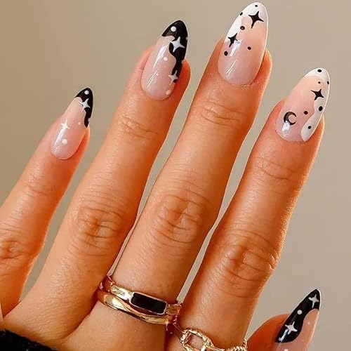 GLAMERMAID Black Press on Nails Medium Almond, Emo Crush Jelly Gel Gothic Stiletto False Glue on Nails Kit with Moon Star Desgin for Women, Reusable