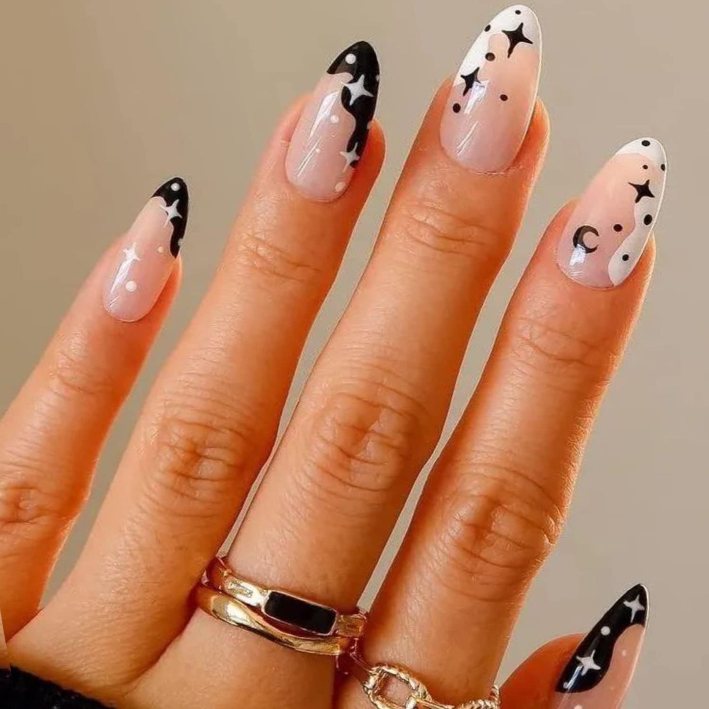 GLAMERMAID Black Press on Nails Medium Almond, Emo Crush Jelly Gel Gothic Stiletto False Glue on Nails Kit with Moon Star Desgin for Women, Reusable