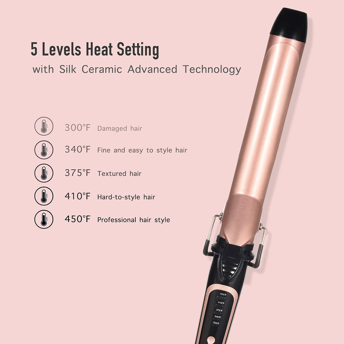 Lanvier 1.25 Inch Clipped Curling Iron with Extra Long Tourmaline Ceramic Barrel, Professional Hair Curler up to 450°F Dual Voltage for Traveling