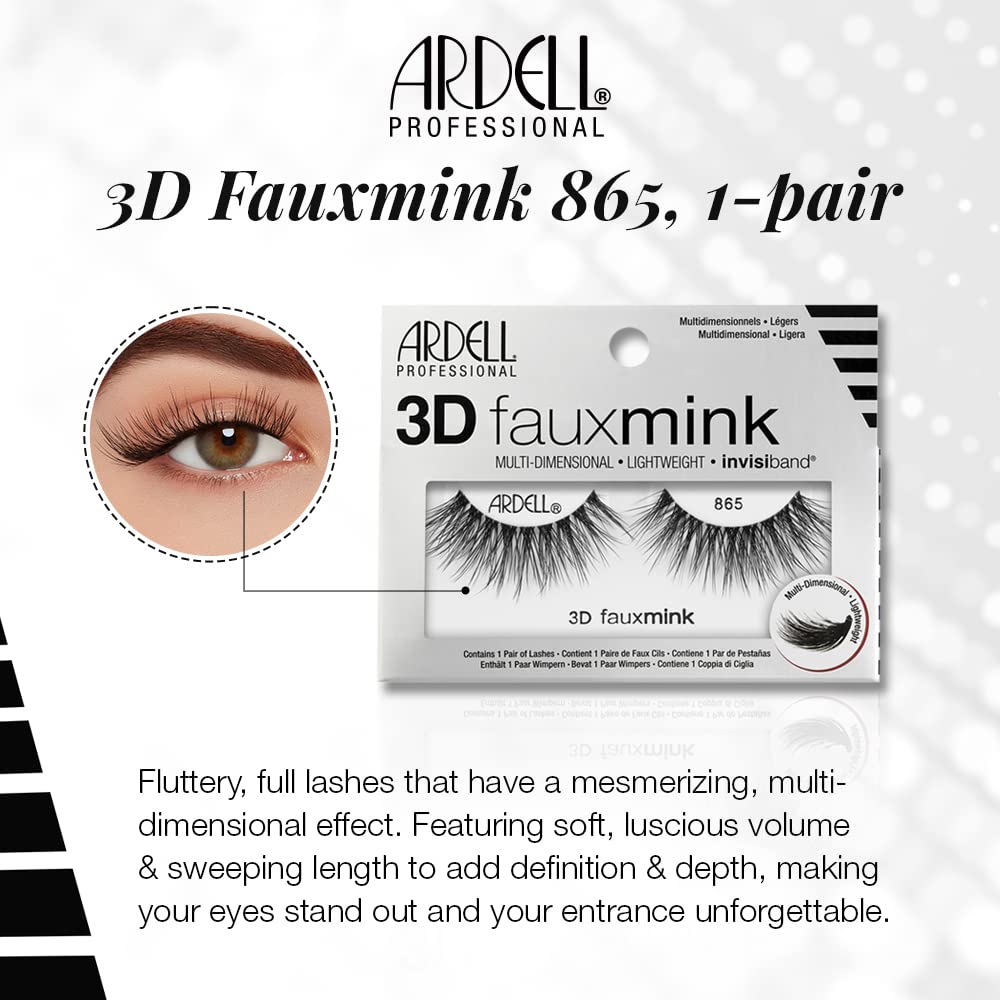 Ardell 3D Faux Mink Lashes 865 - Lightweight, Reusable, Wispy False Eyelashes for a Dramatic Natural Look, 1 Pair