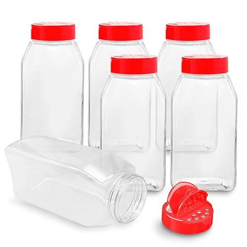 RoyalHouse 6 Pack 32 Oz Plastic Spice Jars with Red Cap, Clear and Safe Plastic Bottle Containers with Shaker Lids for Storing Spice, Herbs…