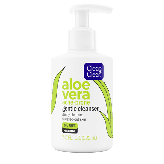 Clean & Clear Aloe Vera Gentle Facial Cleanser for Acne-Prone & Sensitive Skin, Oil-Free Daily Face Wash with Aloe Vera, Vegan, No Animal Testing