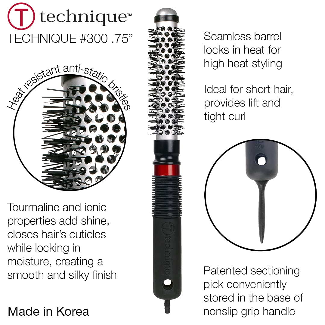 Cricket Technique Thermal Hair Brush #300 0.75” for Blow-Drying, Curling, and Styling - Heat-Retaining Barrel with Anti-Static Tourmaline Bristles
