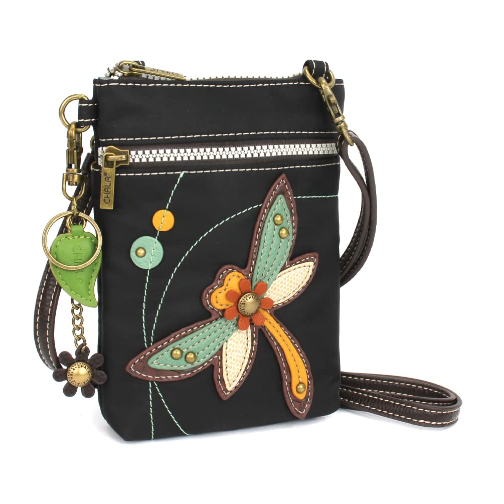 CHALA Crossbody RFID Cell Phone Purse - Women Nylon/Faux Leather Multicolor Handbag with Adjustable Strap Venture - Dragonfly - black