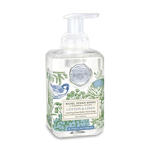 Michel Design Works Foaming Hand Soap 17.8oz, Cotton & Linen Scent and Design, Shea Butter and Aloe Vera Blend, Beautiful Square Container with Pump
