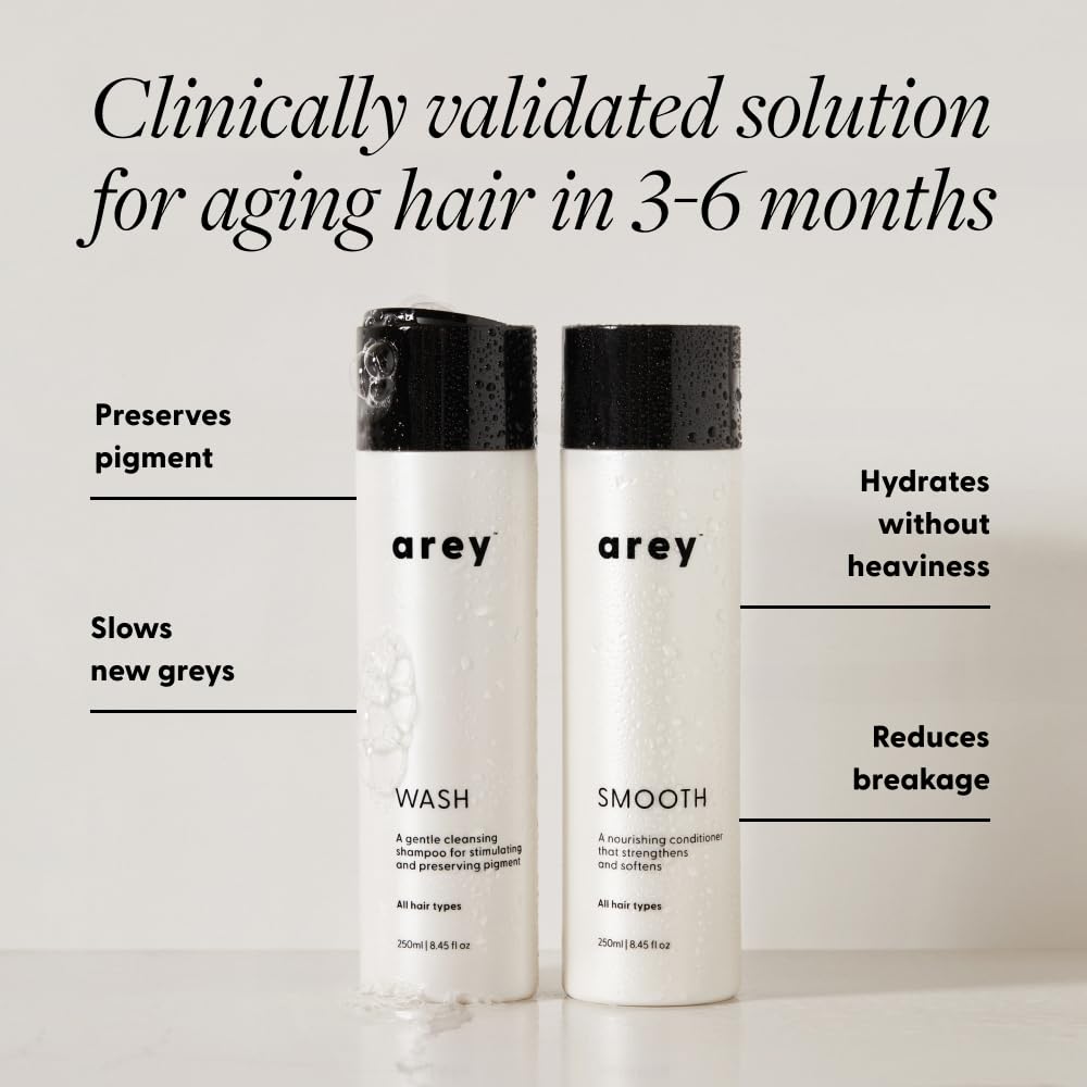 Arey Shower Duo | Daily Wash Shampoo and Smooth Conditioner Set | Delay + Reduce the Signs of Aging Grey Hair | Retain Moisture, Promote Smoothness |