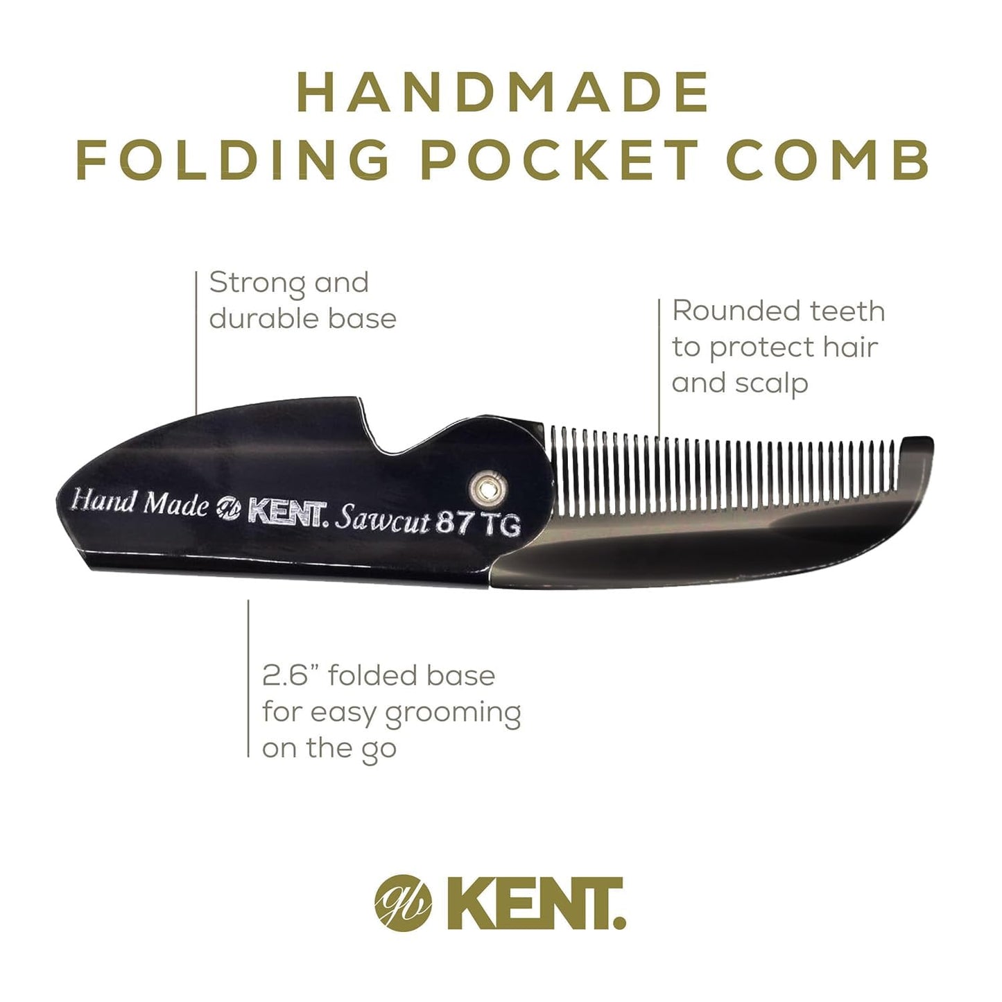 Kent 87T Black Graphite Handmade Folding Pocket Comb for Men, Fine Tooth Hair Comb Straightener for Everyday Grooming Styling Hair, Beard or Mustache