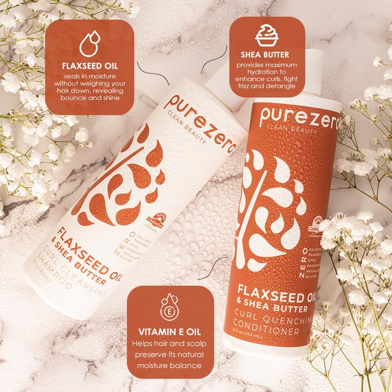 Purezero Flaxseed Oil & Shea Butter Shampoo and Conditioner Set - Curl Care - For Curly Hair Detangle & Defrizz - Zero Sulfates/Parabens/Dyes -100%