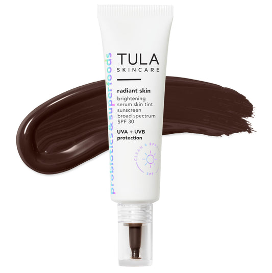 Tula Skin Care Radiant Skin Brightening Serum Skin Tint SPF Facial Sunscreen Provides Broad Spectrum SPF 30 Protection, Tinted, Serum-Light Formula