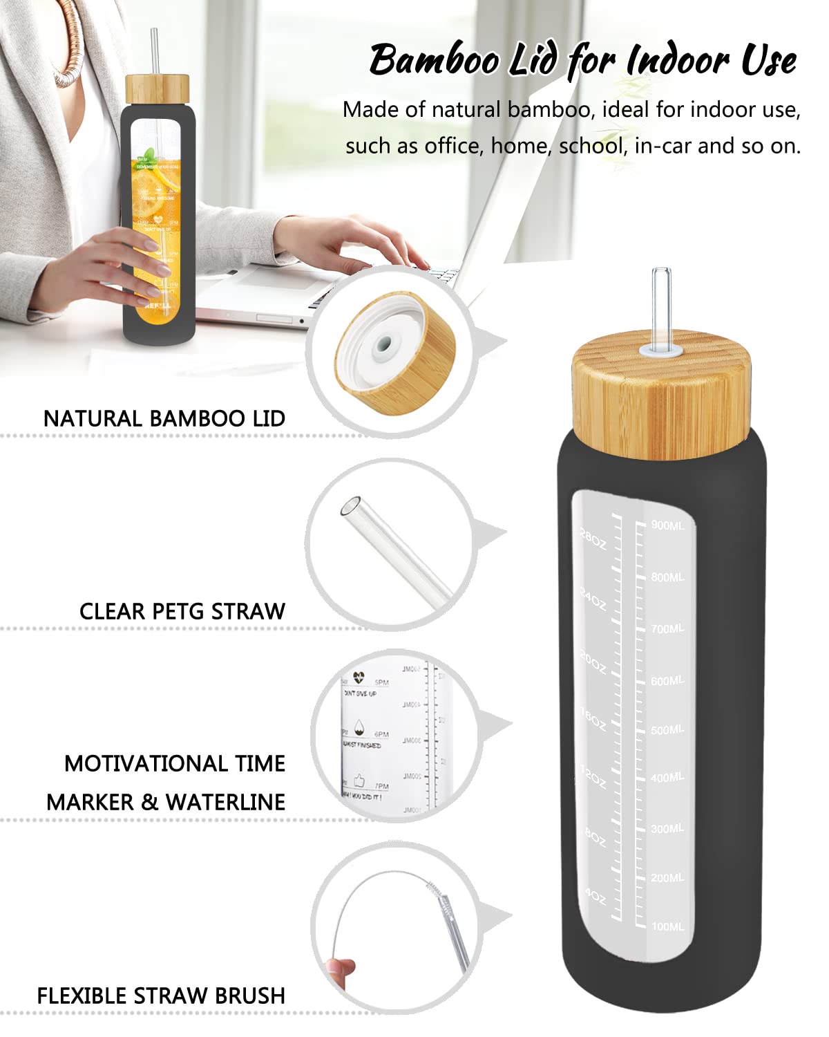 Nefeeko 32 oz Glass Water Bottles with Straw, Time Marker, Motivational 1 Liter BPA FREE Leakproof Reusable Glass Water Bottle with Silicone Sleeve