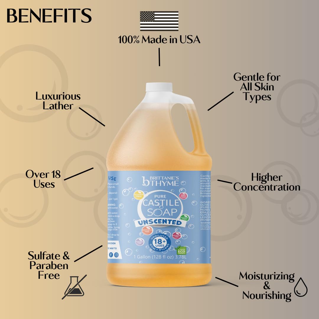 Brittanie's Pure Organic Castile Liquid Olive Oil Soap Refill, 1 Gallon Unscented | Face, Body Wash, All Purpose Cleaner, Dishes, Pets, Laundry |