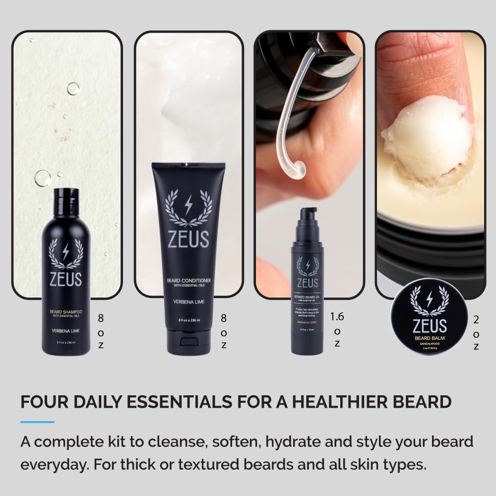 ZEUS Everyday Beard Care Kit for Men, Beard Shampoo, Conditioner, Refined Oil & Styling Balm, Softens, Hydrates, Tames & Strengthens (Made in USA)
