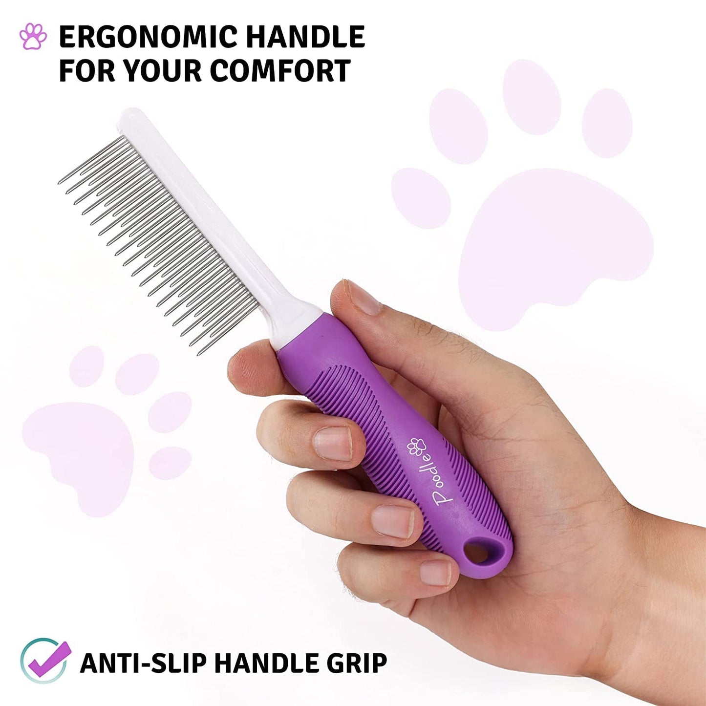 Poodle Pet Detangling Comb – Long & Short Stainless Steel Teeth for Removing Mats, Knots & Tangles, Gentle Grooming for Dogs & Cats