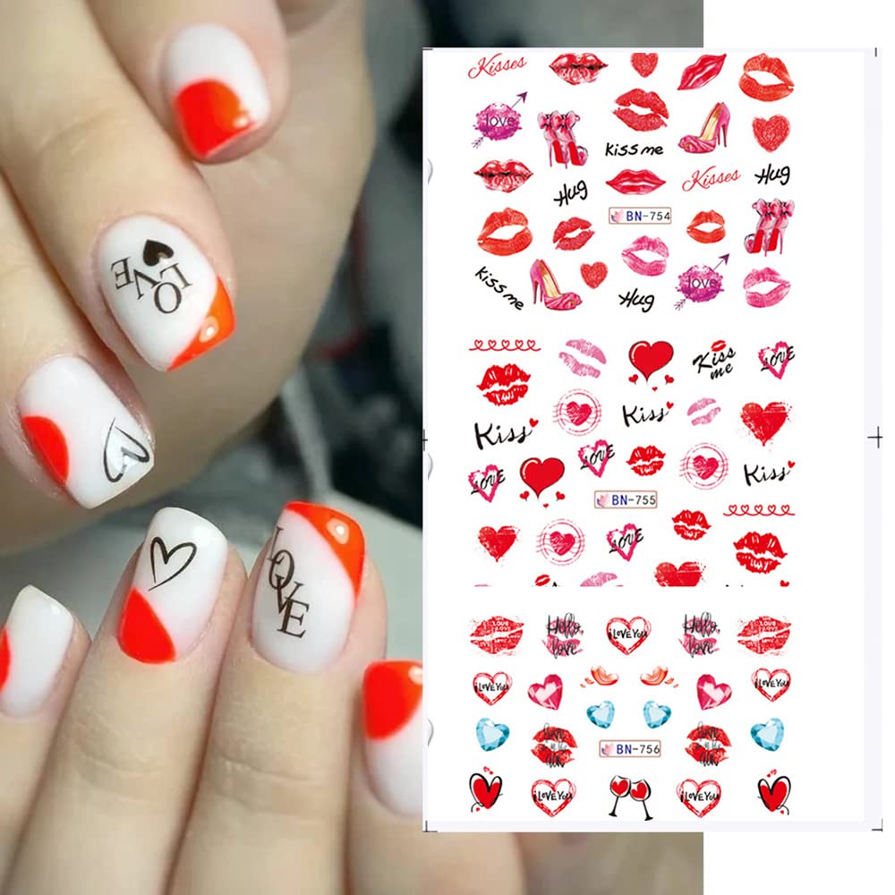 Valentine's Day Nail Decals - 12 Sheets Heart Rose Love Sexy Lips Lipstick Valentines Nail Art Tattoo Stickers DIY Nail Decoration for Women Girls