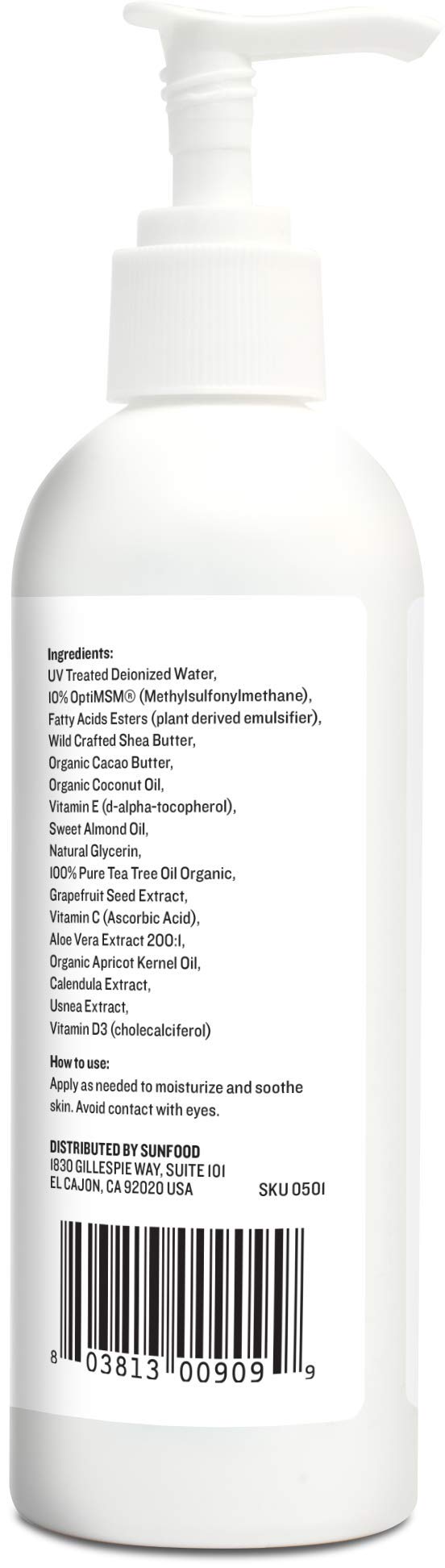 Sunfood Superfoods Unscented MSM Lotion. 8 oz Bottle