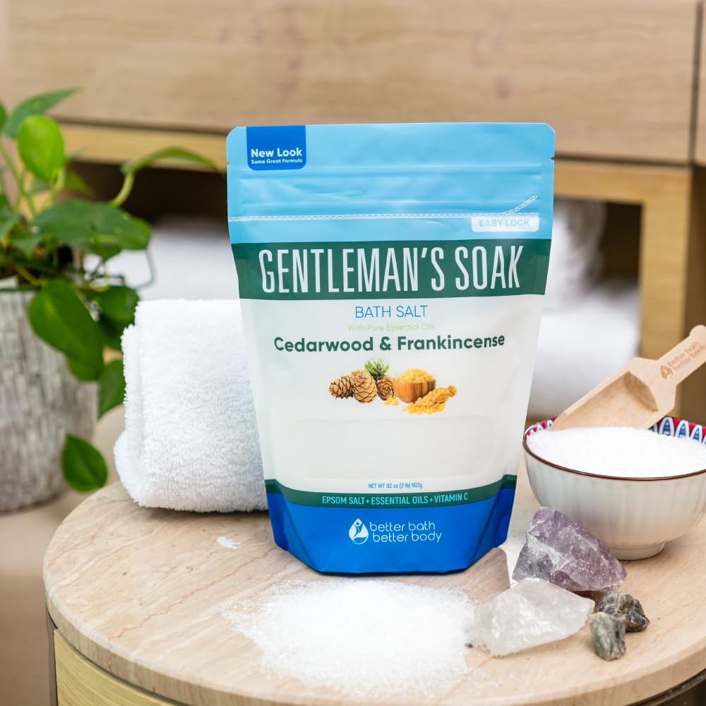 Gentleman's Bath Salt 32 Ounces Epsom Salt with Natural Cedarwood, Frankincense, Eucalyptus and Peppermint Essential Oils Plus Vitamin C in BPA Free
