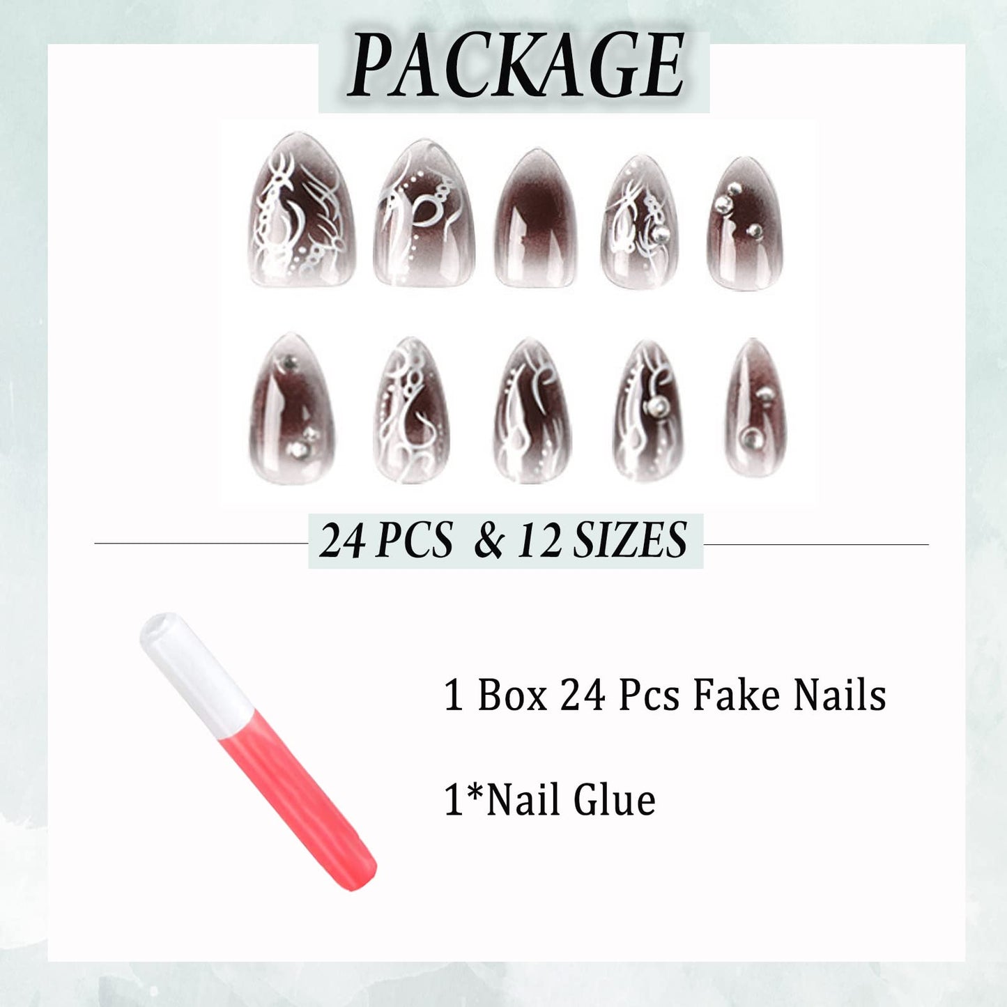 IMSOHOT Almond Press on Nails Medium Glossy Fake Nails Diamond Glue on Nails Black Ombre False Nails with Designs