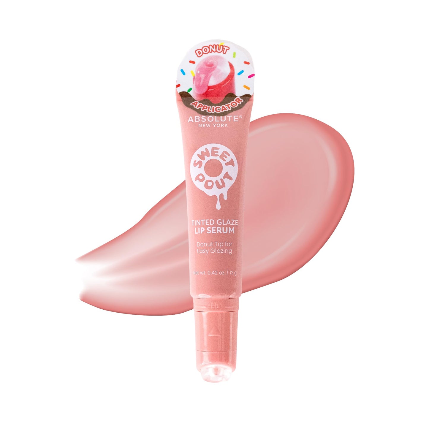 Absolute New York Sweet Pout Tinted Glaze Lip Serum, Donut Tip Applicator, Hydrating Formula with Peptides, Vitamin E and Jojoba Seed Oil (Peaches N'