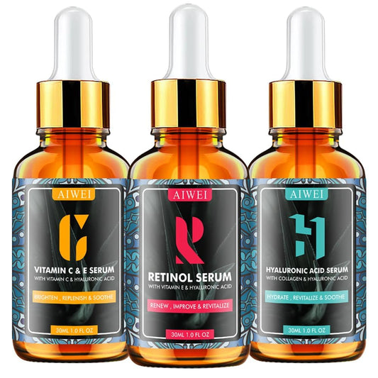 Aiwei Facial Serum Set - Includes Vitamin C, Retinol & Hyaluronic Acid - Improve Skin Texture, Glow & Hydration - Day and Night Face Serums for All