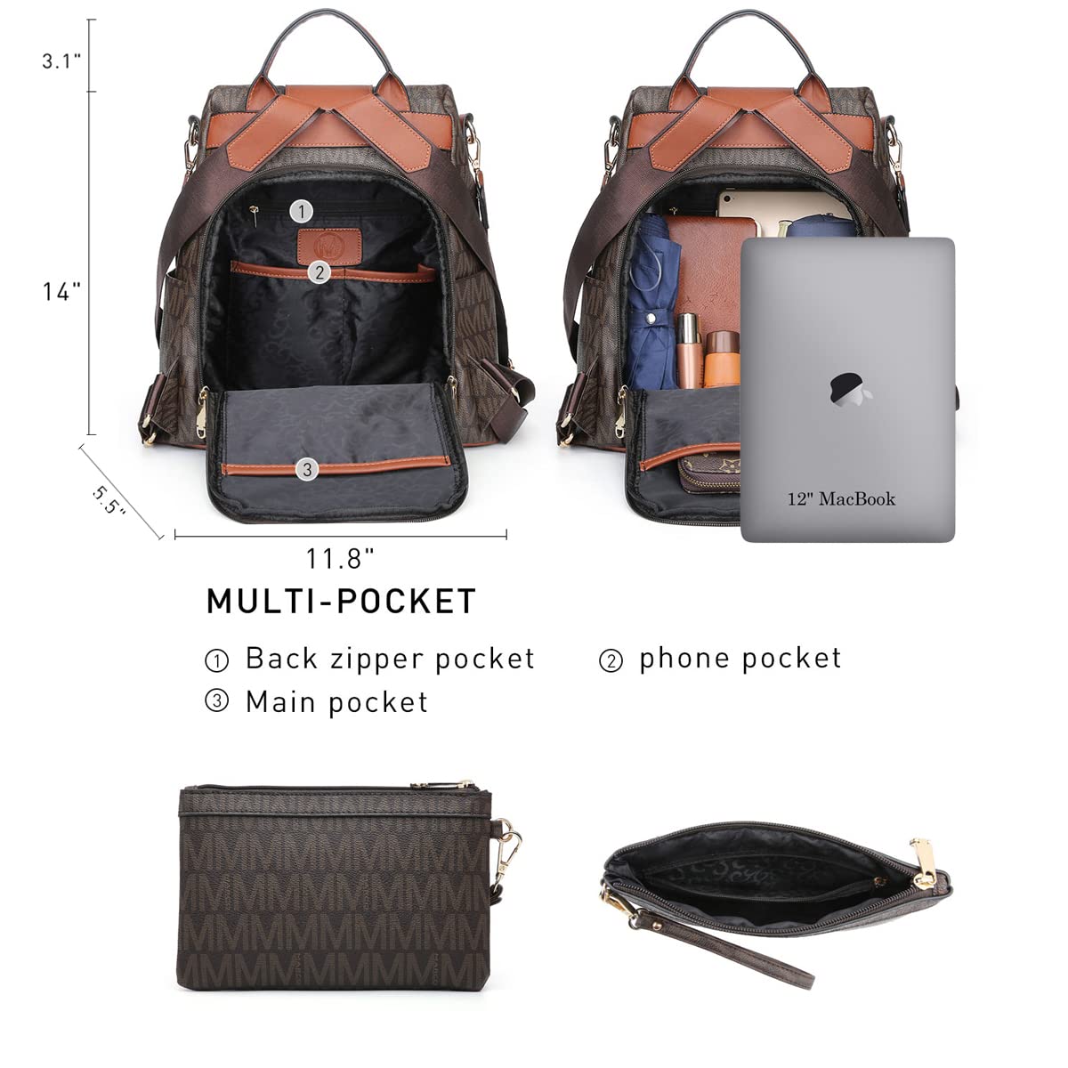 MKP Women Fashion Backpack Purse Multi Pockets Signature Anti-Theft Rucksack