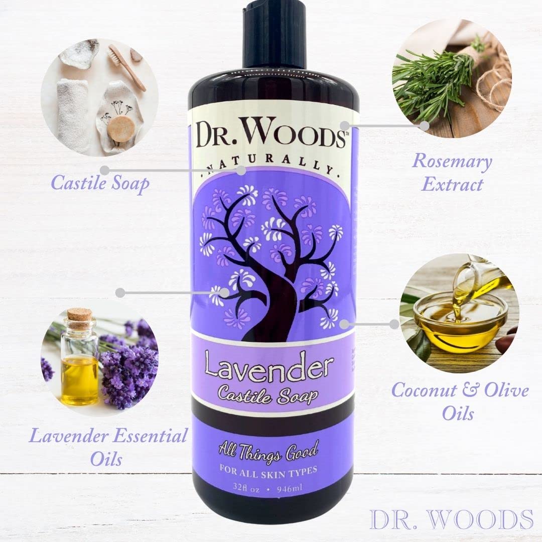 Dr. Woods Lavender Liquid Castile Soap - Castile Soap with Pure Lavender Oil, Body Wash for Men and Women, Natural Cleanser for Face, Hands, and Body
