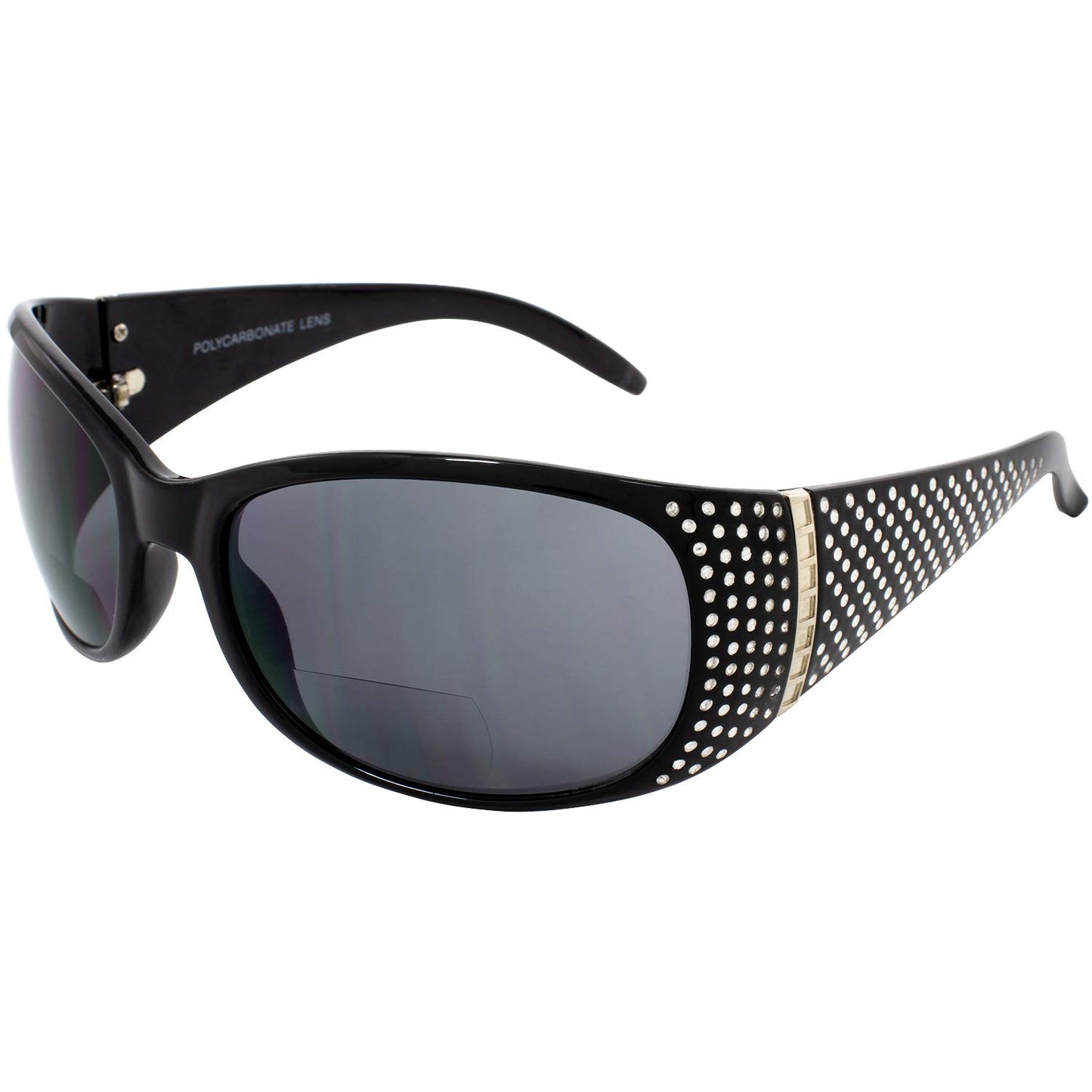Global Vision Galaxy Womens Bifocal Fashion Motorcycle Sunglasses Chrome Rhinestone Look Black Frames Smoke Lenses