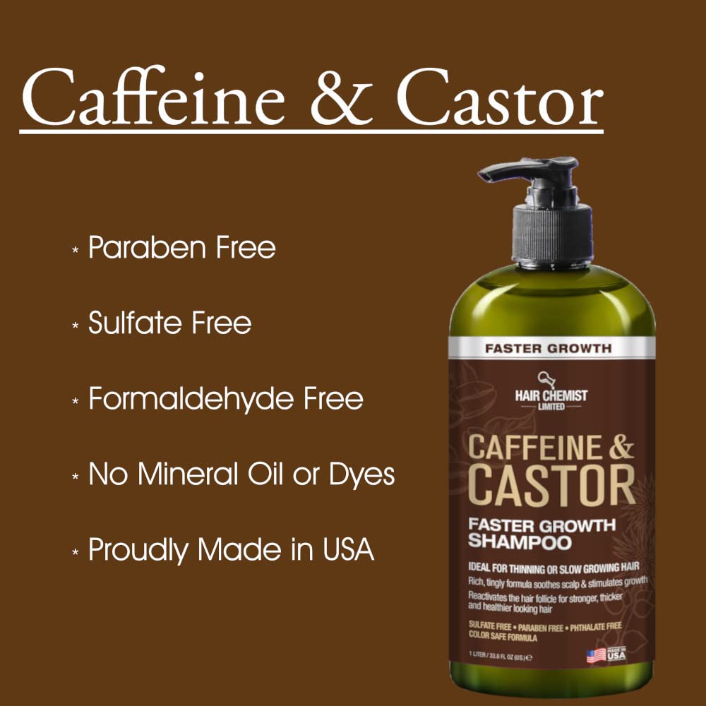 Hair Chemist Caffeine & Castor Large Shampoo/Conditioner/Hair Oil 3-PC Boxed Gift Set - Sulfate Free Shampoo & Conditioner for Growth