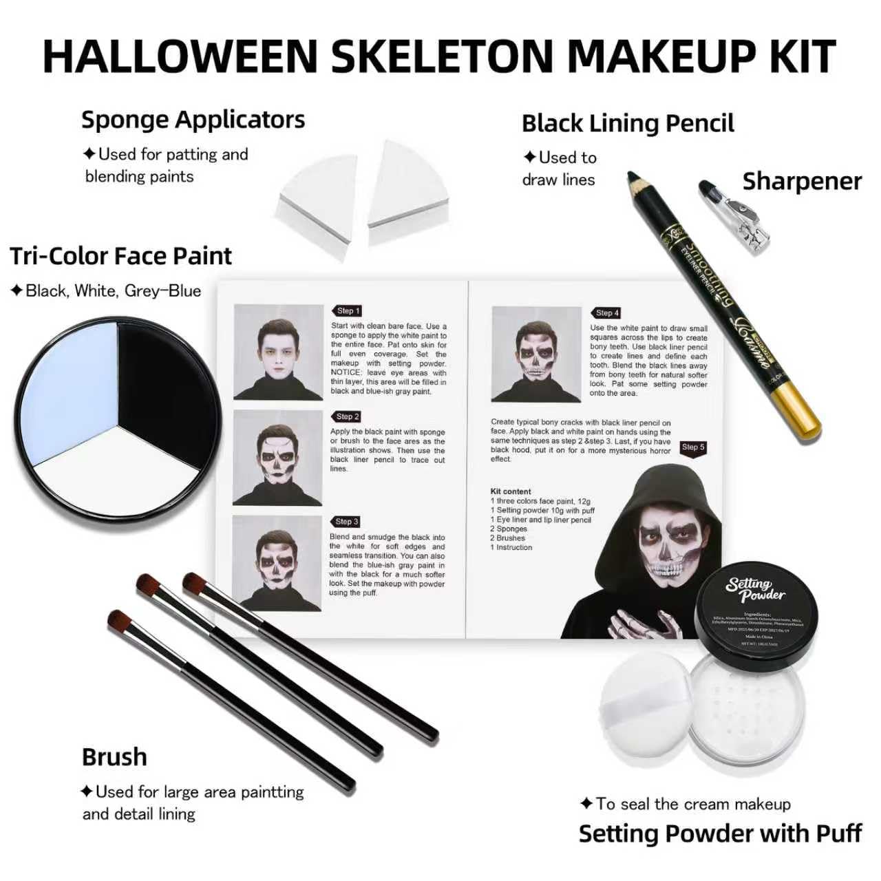 Professional Halloween Skeleton Makeup Kit, Full Face & Body Paint Set with Dual-End Brushes, Setting Powder & Easy-Grip Sponges, Ideal for SFX