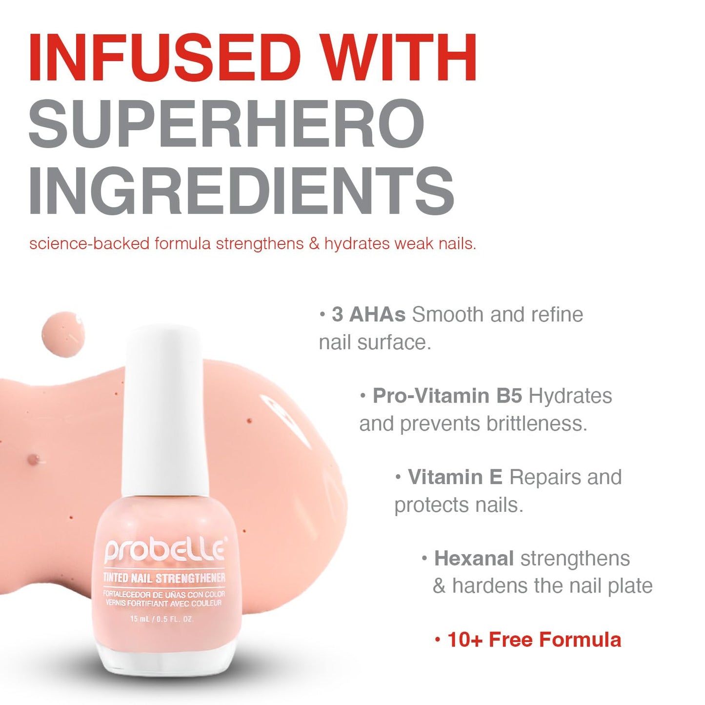 Probelle Tinted Nail Strengthener, Colored Nail Strengthening Treatment, Nail Growth and Repair, Stops Peeling, Splits, Chips, Cracks, and Strengthens