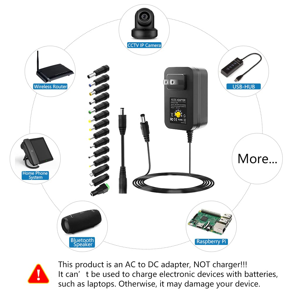 SHNITPWR 30W Universal Power Supply – Adjustable 3V-12V AC/DC Adapter with 5V 2.1A USB Port, 100-240V Converter, 0.5A-2.5A Max, 14 Tips