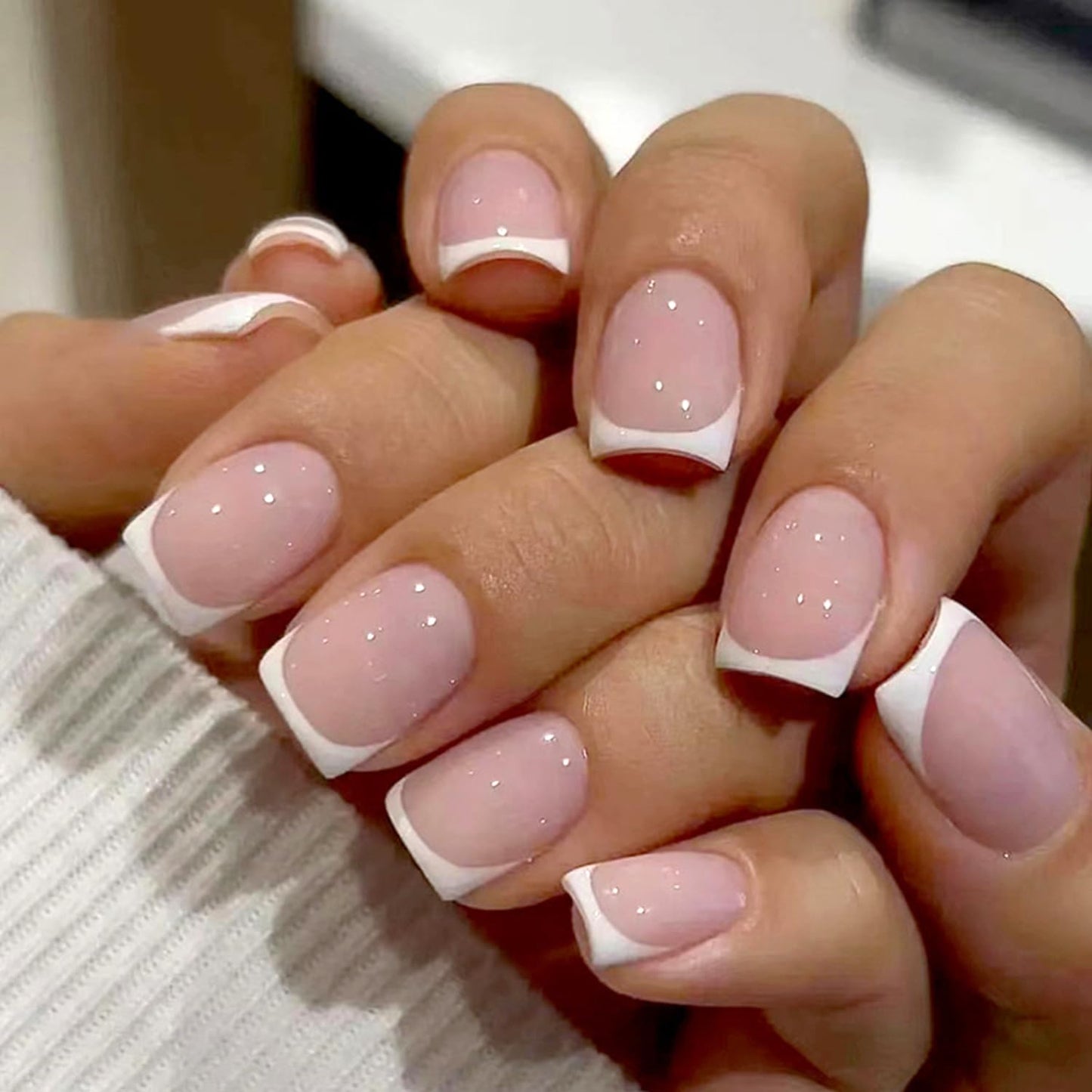 White French Tip Press on Nails Short Square Fake Nails Glossy Pink False Nails with Glue on Nails Reusable Full Cover Stick on Nails Acrylic Beauty and Personal Care Vopintpy