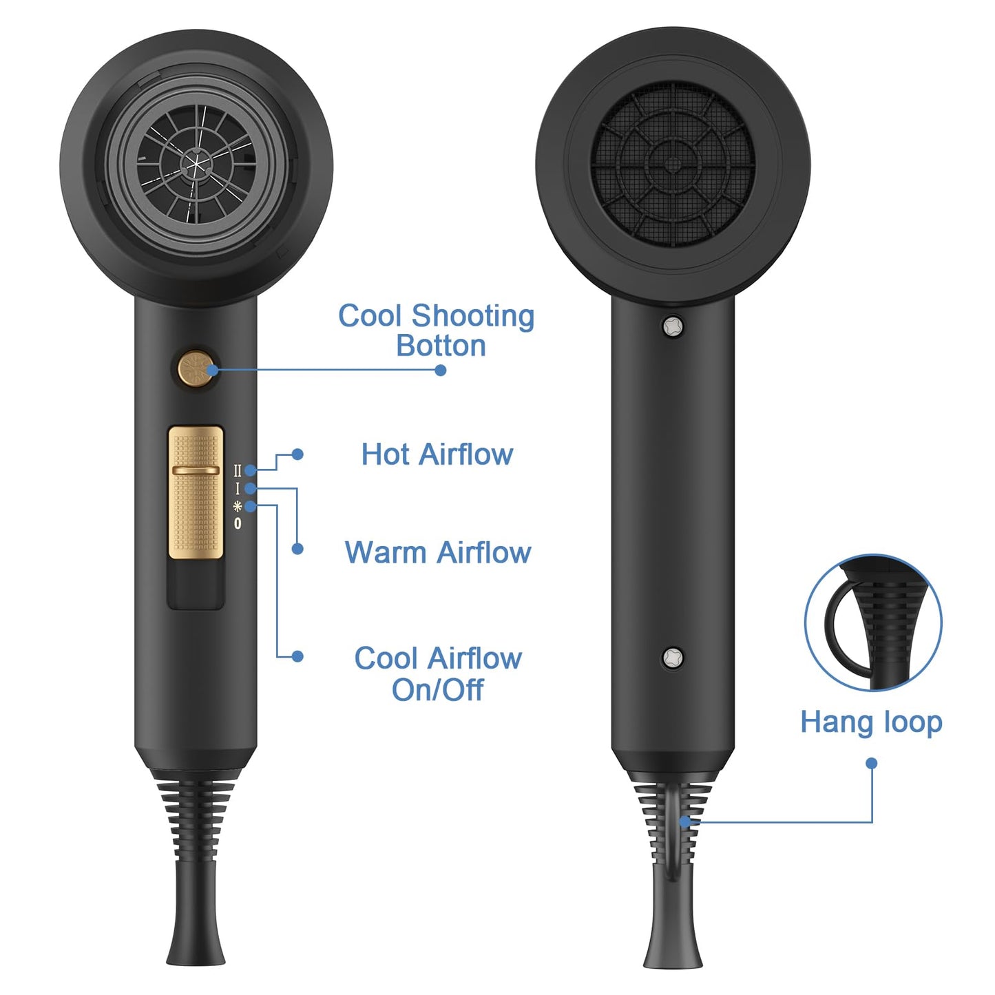 slopehill Professional Ionic Hair Dryer, Powerful 1800W Fast Drying Low Noise Blow Dryer with 2 Concentrator Nozzle 1 Diffuser Attachments for Home Beauty and Personal Care slopehill