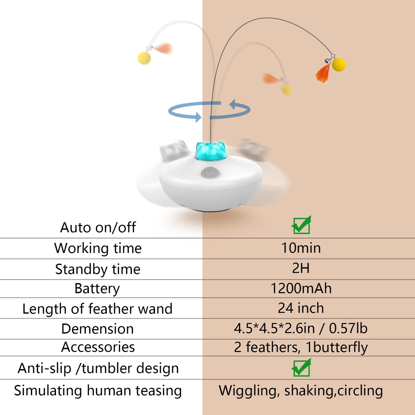 Oxawo Interactive Rechargeable Cat Toy – Tumbler with Spinning Butterfly & Extra-Long Feather Wand for Indoor Kitty Exercise (P33)