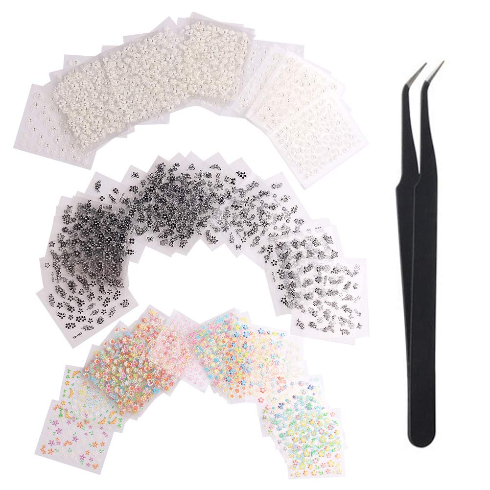 WOKOTO 90Pcs Self-Adhesive 3D Design Nail Art Sticker Colorful White Black Flower Fingernail Decals Nail Art Decoration Decals with 1 Pcs Anti-Static