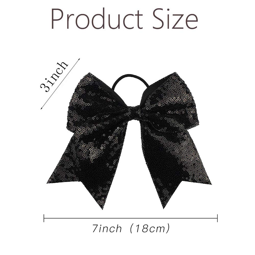 Oaoleer 12PCS 7" Large Glitter Cheer Hair Bows Ponytail Holder Elastic Band Handmade for Cheerleading Teen Girls College Sports (Black)