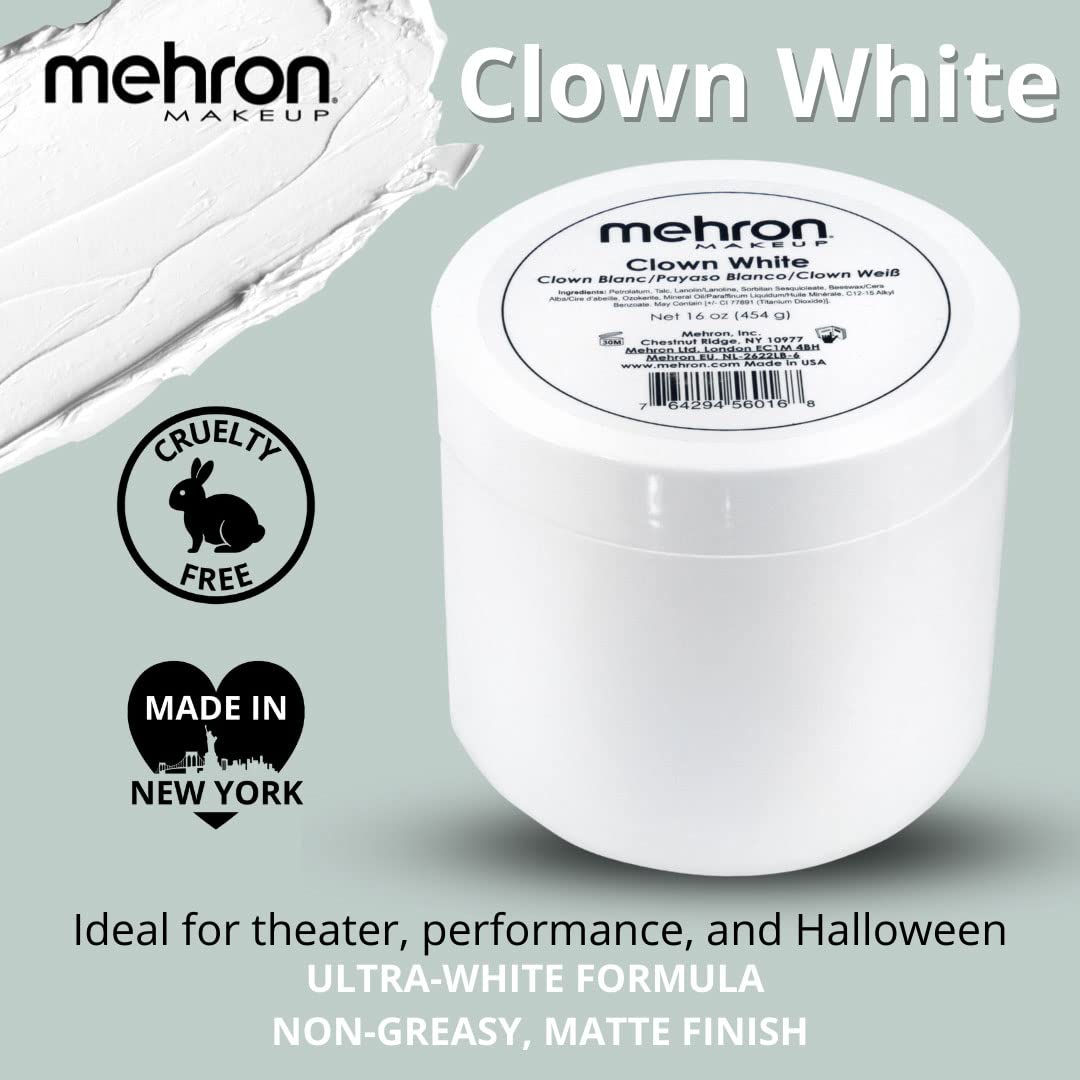 Mehron Makeup Clown White Professional Face Paint Cream Makeup | White Face Paint for Stage, Film, Cosplay, & Mime | Halloween Clown 16 oz (453g) |
