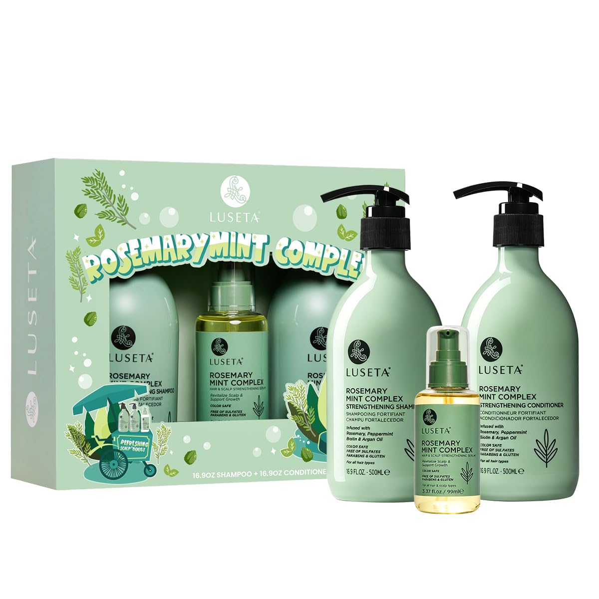 Luseta Rosemary Mint Shampoo and Conditioner 16.9oz and Hair Oil 3.38oz Trio Hair Care Set Nourishment & Smoothness for Thin Hair,Reduce Frizz and Add