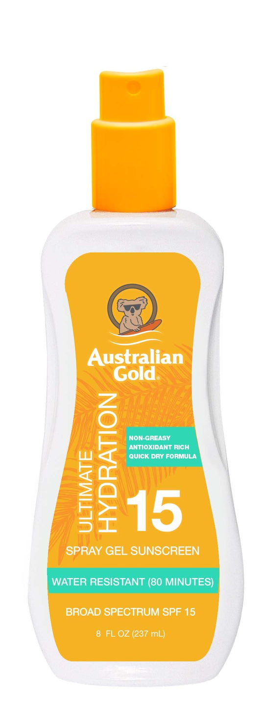Australian Gold Spray Gel Sunscreen, Hydrate Skin, Broad Spectrum, Water Resistant, Non-Greasy, Oxybenzone Free, Cruelty Free, SPF 15, Moisturize-Max
