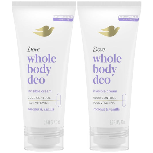 Dove Whole Body Deo Aluminum Free Invisible Cream Deodorant Coconut & Vanilla for 72h Odor Control, 2.5 oz (Pack of 2) Beauty and Personal Care Dove