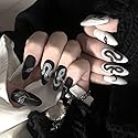 MISUD Press on Nails - Medium Stiletto Glue on Nails with Goth Snake, Acrylic Gothic Black White Design 24 pcs