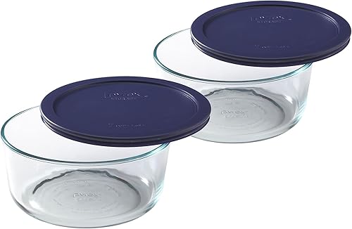 Pyrex Storage Plus 7-Cup Round Glass Food Storage Dish, Blue Cover, Pack of 2