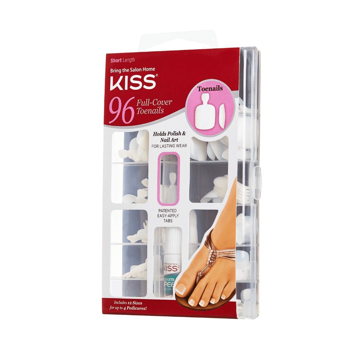KISS 96 Full Cover Toenails Kit, Long Lasting Fake Nails, DIY Home Manicure Set with Pink Gel Nail Glue 3 g / 0.11 oz. and 96 Fake Toenails in 12 Beauty & Personal Care KISS
