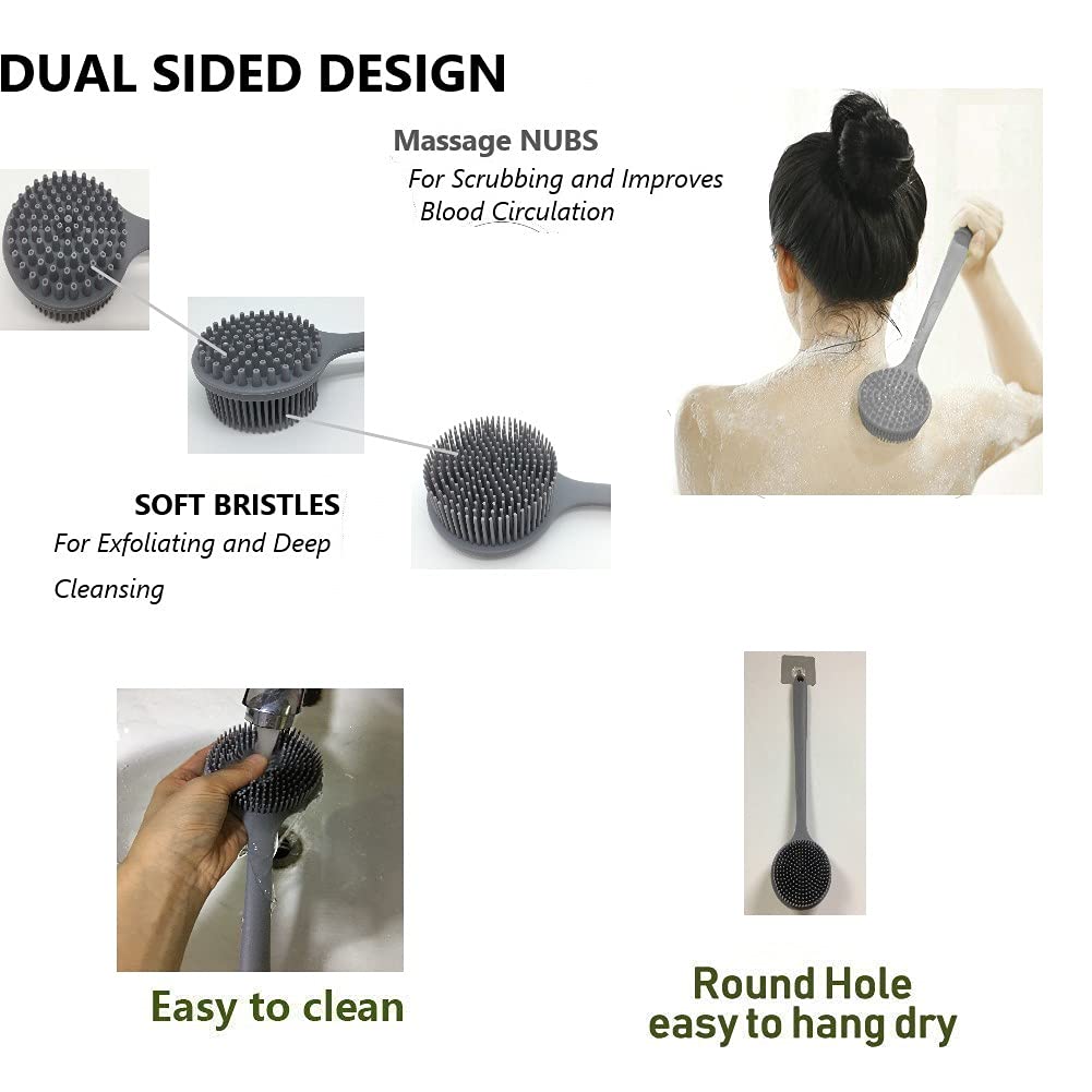 Cinlitek Silicone Body Scrubber - Long Handle Back Scrubber, Shower Exfoliator