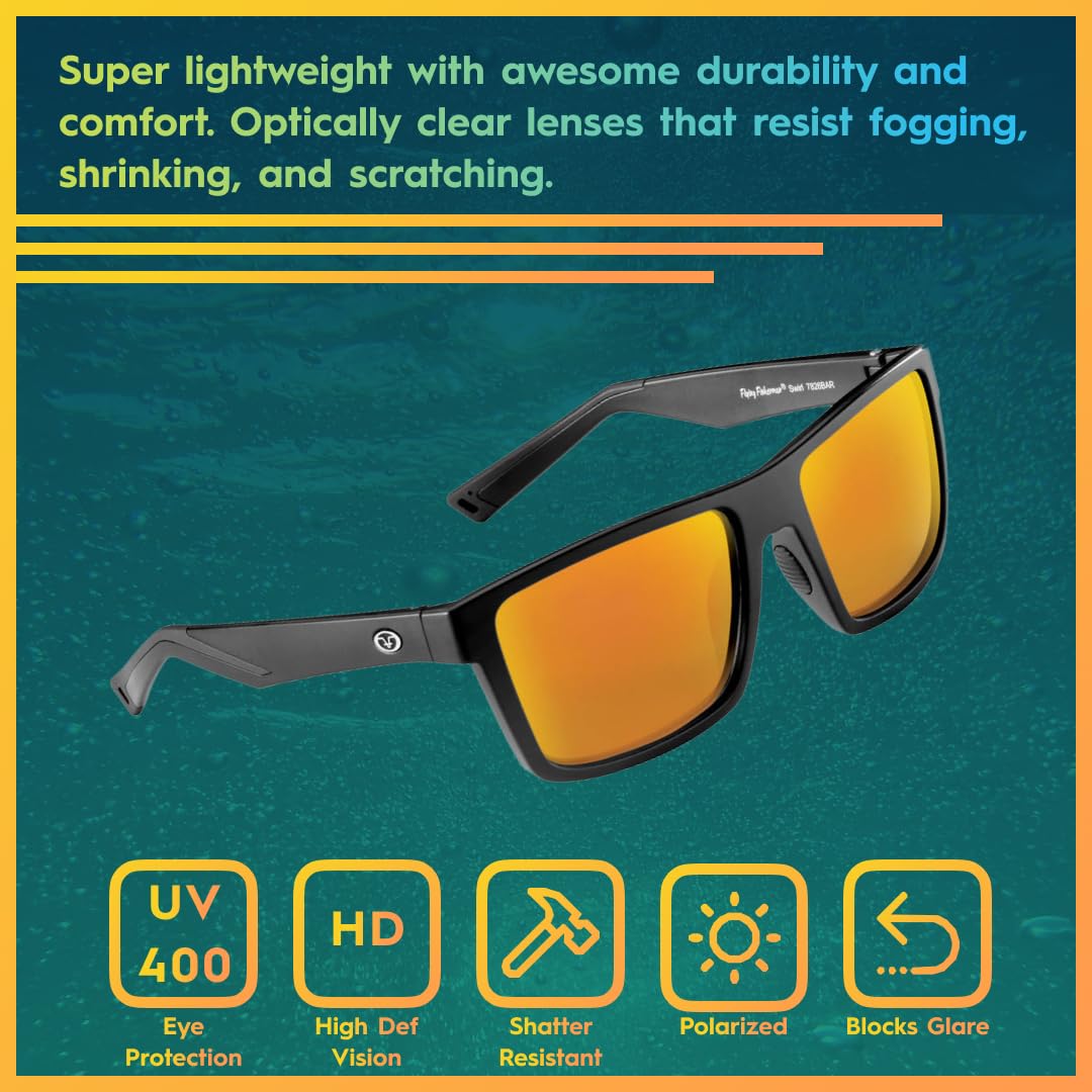 Flying Fisherman Swirl Rectangular Polarized Sunglasses, Matte Black Frame/Amber-Red Mirror Lens, Medium