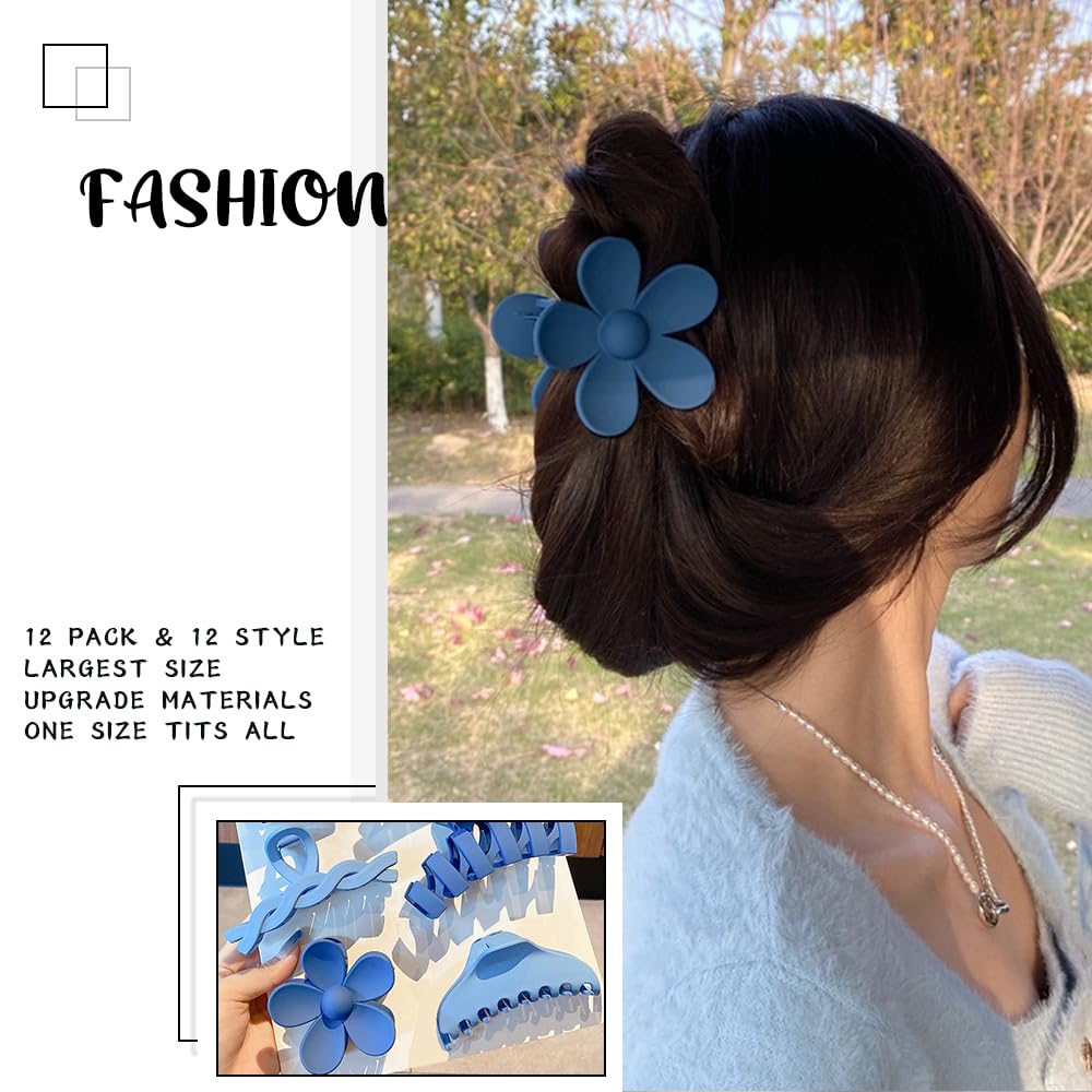 12 Pcs Claw Clips, Multi-Shapes Hair Clips for Women, Non-Slip Large Jaw Claw Clips for Thick Thin Curly Hair Accessories (Blue)