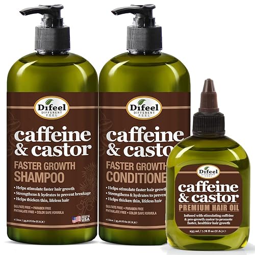 Difeel Caffeine & Castor Shampoo, Conditioner and Hair Growth Oil Set - with Shampoo, Conditioner, and Hair Oil