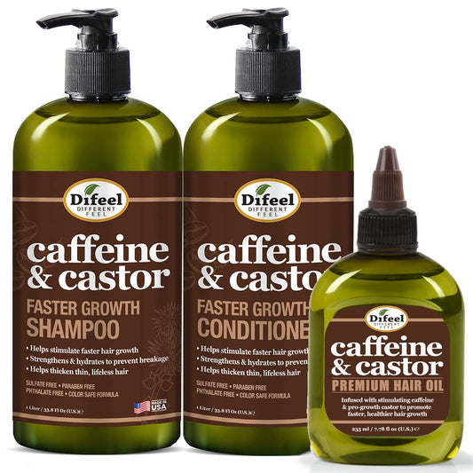 Difeel Caffeine & Castor Shampoo, Conditioner and Hair Growth Oil Set - with Shampoo, Conditioner, and Hair Oil Beauty & Personal Care Difeel