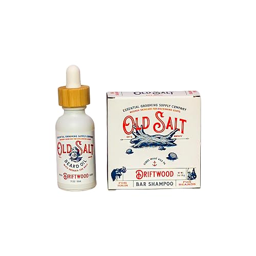 Driftwood Beard Oil and Bar Shampoo Set- Old Salt Grooming Supply - Undaria Sea Kelp, Handcrafted, Natural, No Harsh Chemicals, Woodsy Scent,
