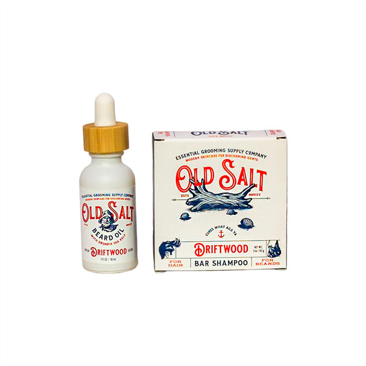 Driftwood Beard Oil and Bar Shampoo Set- Old Salt Grooming Supply - Undaria Sea Kelp, Handcrafted, Natural, No Harsh Chemicals, Woodsy Scent,