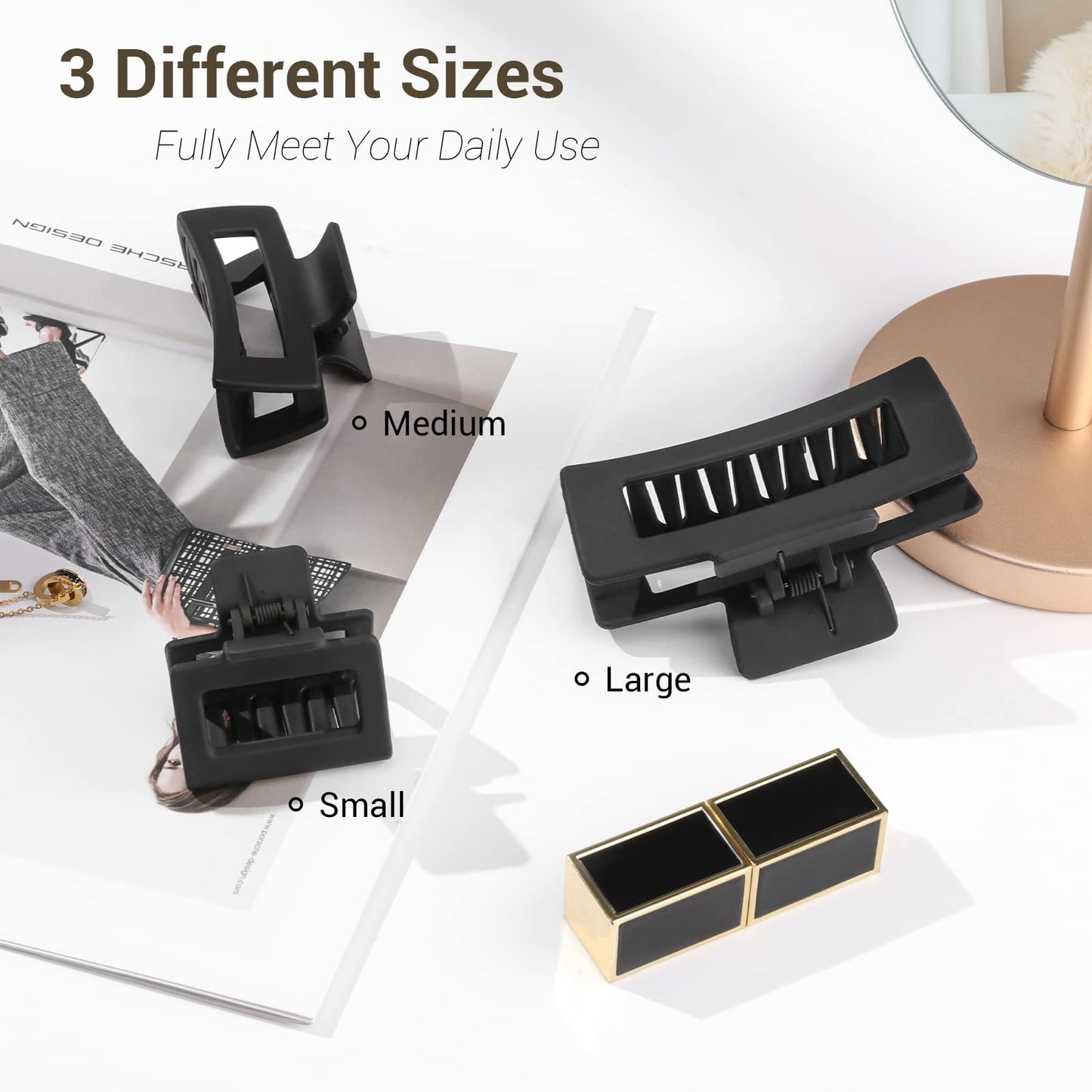 Shinowa 3 Pack Hair Claw Clips, Square Rectangular Claw Hair Clips for Women Girls, Non-slip Matte Large Medium Small Hair Clips, Strong Hold Jaw Clip